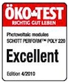 Logo of the Oko consumer test, Germany, showing excellent performance for Schott Solar