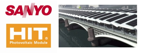 Photo showing Sanyo HIT logo and the solar powered Blackfriars bridge, London